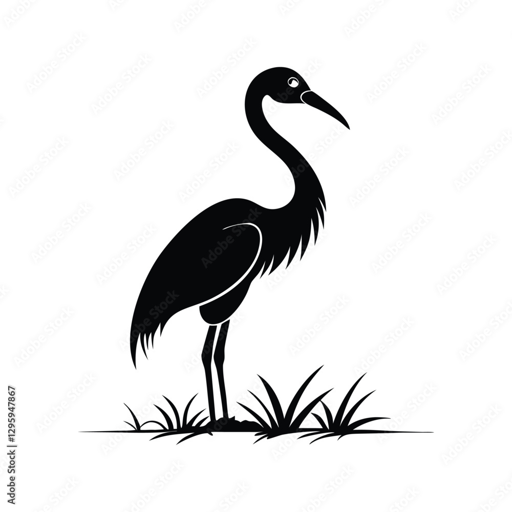 Fototapeta premium Black and White Heron Bird Silhouette with Grass – Vector Illustration