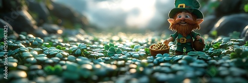Cheerful Leprechaun on Clover Filled Path Holding Basket