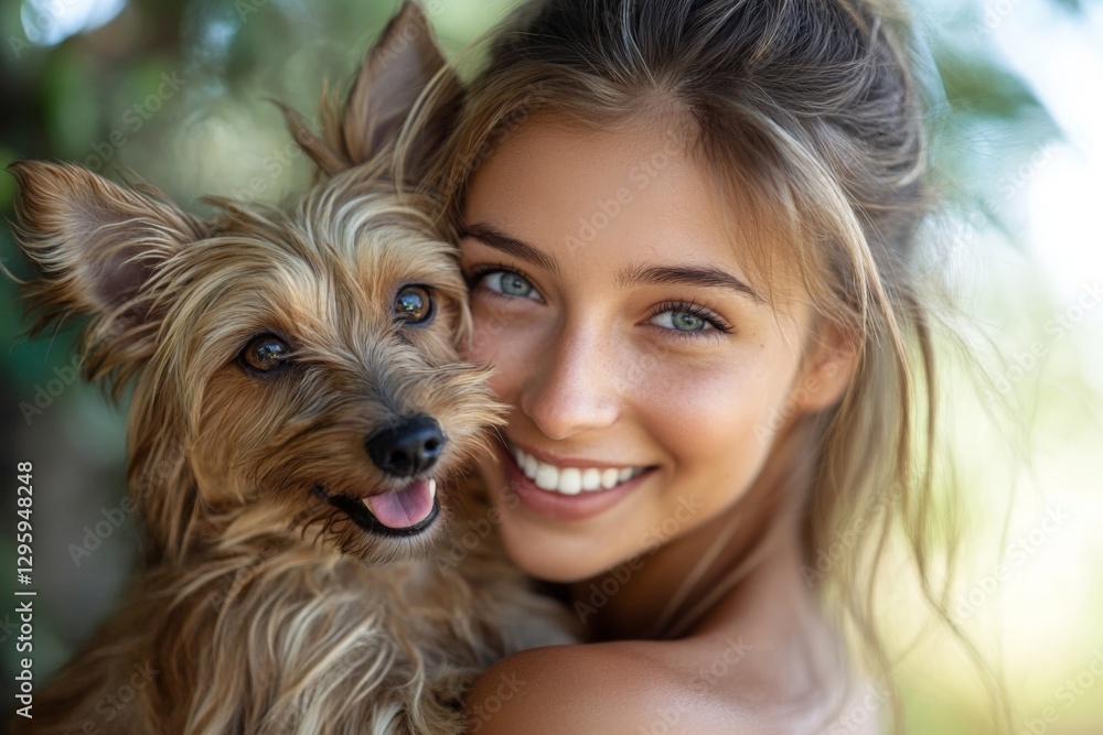 Young woman smiles joyfully while cuddling her happy dog in a sunny outdoor setting Young woman smiles joyfully while cuddling her happy dog in a sunny outdoor setting