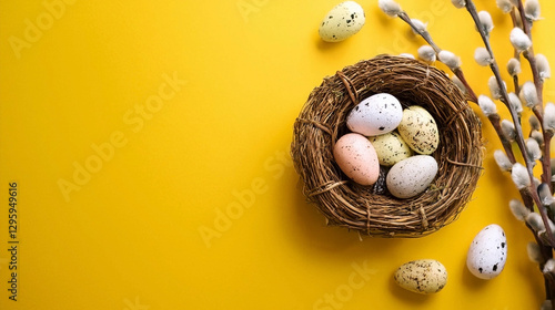 Nest with willow branches on yellow background