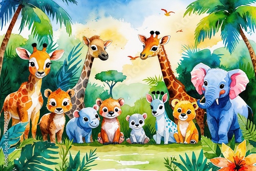 Vibrant Watercolor Safari Landscape Featuring Cute Animals in a Colorful Design