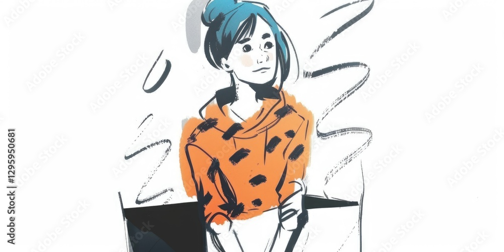 Naklejka premium Abstract image of a happy woman in an orange sweater with abstract lines. Digital art for fashion and creative design. Abstract image of girl with blue hair and orange shirt with black line. AIG51.