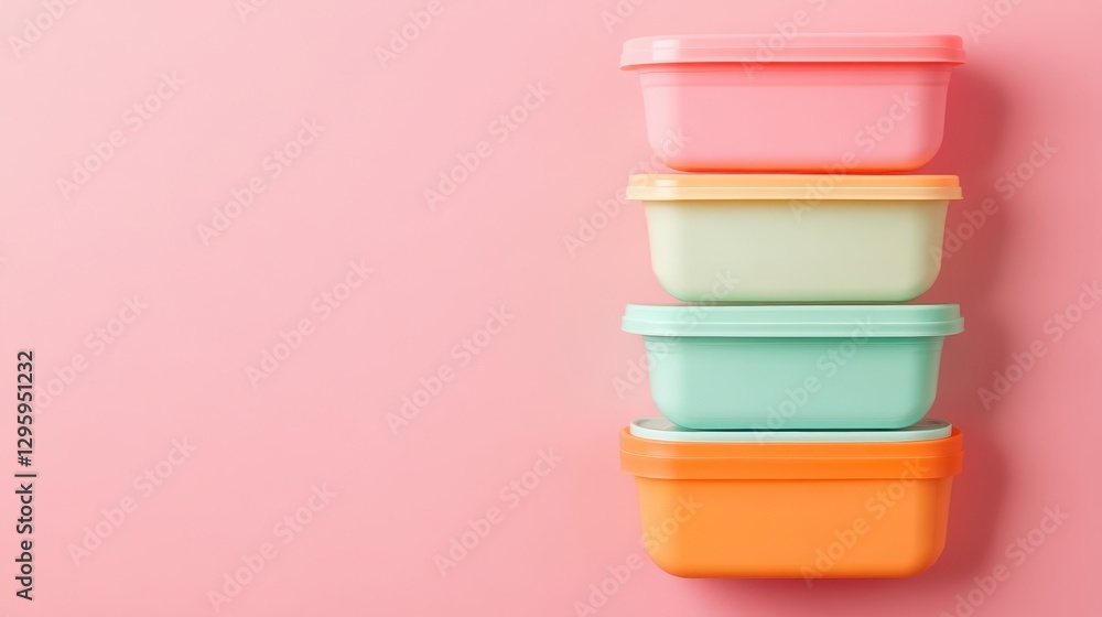 Stacked Plastic Storage Containers with Snap Lock Lids in Pastel Colors on a Minimalist Background Stacked Plastic Storage Containers with Snap Lock Lids in Pastel Colors on a Minimalist Background