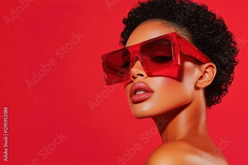 Stylish model with curly hair showcases oversized sunglasses against a vibrant background
