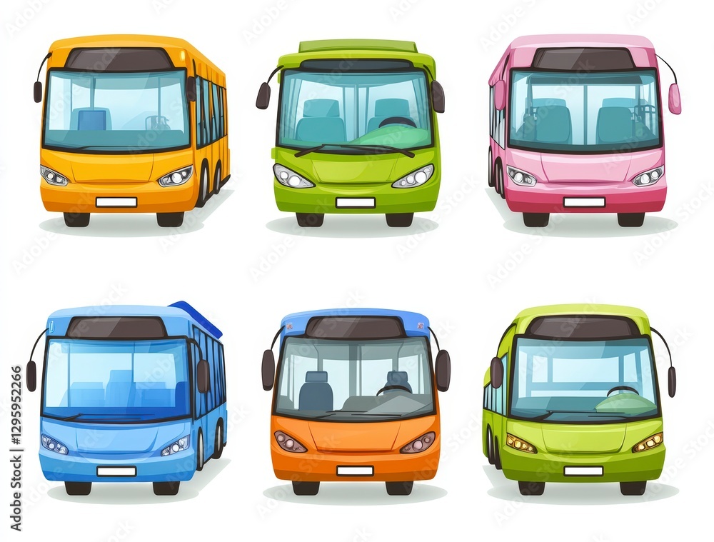 Collection of Brightly Colored City Buses in a Row Collection of Brightly Colored City Buses in a Row