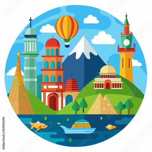World Wonders illustration with iconic landmarks and nature backdrop