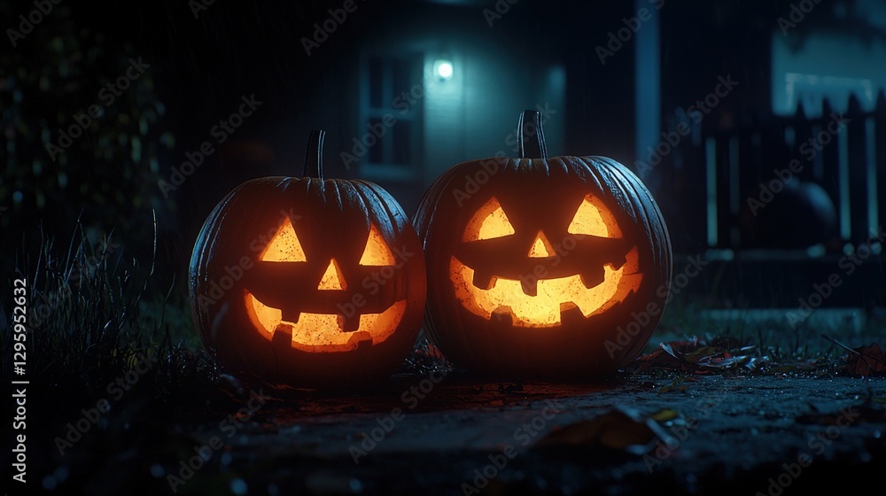Two glowing jack o lanterns displayed on a spooky dark evening Two glowing jack o lanterns displayed on a spooky dark evening
