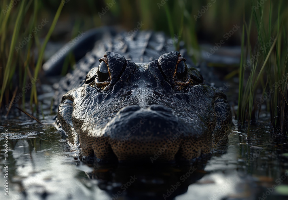 Fototapeta premium Close-Up Perspective of Alligator in Marshland, Capturing the Textures of Scales and Water Reflection in a Natural Setting