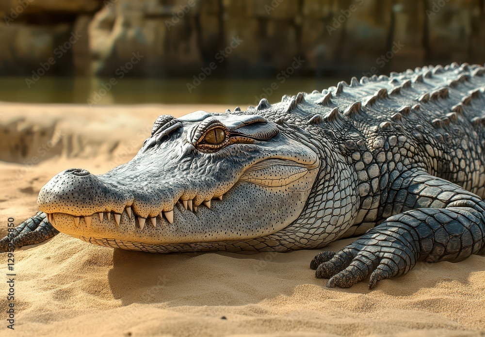 Fototapeta premium Close-up Photograph of a Realistic Crocodile Lying on Sandy Beach with Detailed Scales and Textures Against a Natural Background