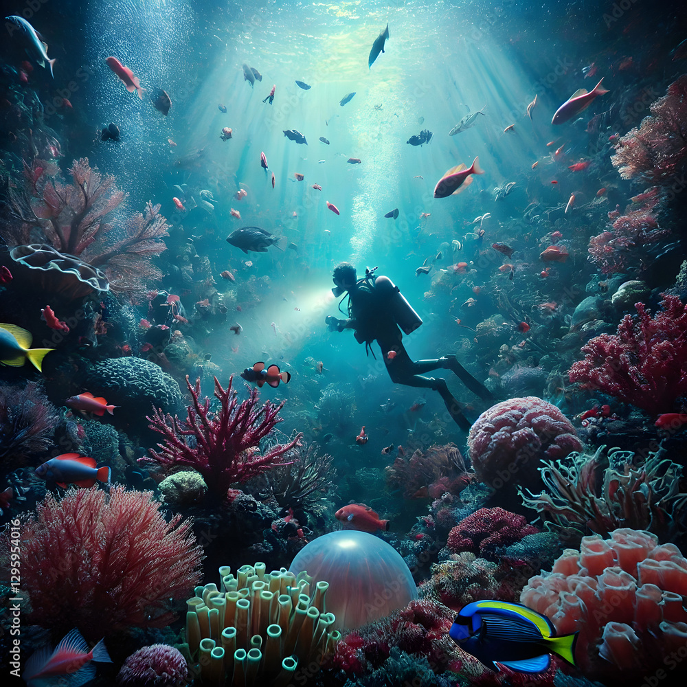 Fototapeta premium A mysterious deep-sea scene featuring colorful coral reefs, schools of tropical fish swimming gracefully, and a diver exploring the underwater world.