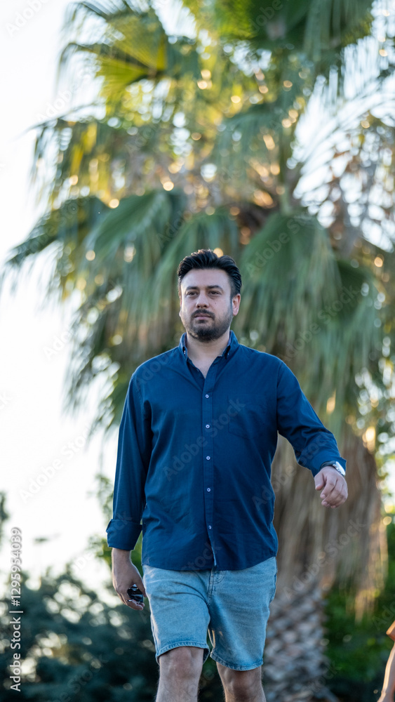 A charismatic middle-aged, slightly overweight man in a shirt posing on a bridge in a beautiful park. A charismatic middle-aged, slightly overweight man in a shirt posing on a bridge in a beautiful park.
