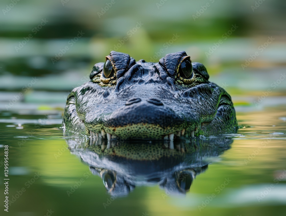 Fototapeta premium Close-up Portrait of a Crocodile Emerging from Water Surrounded by Lush Greenery and Reflections in Calm Water in a Natural Habitat