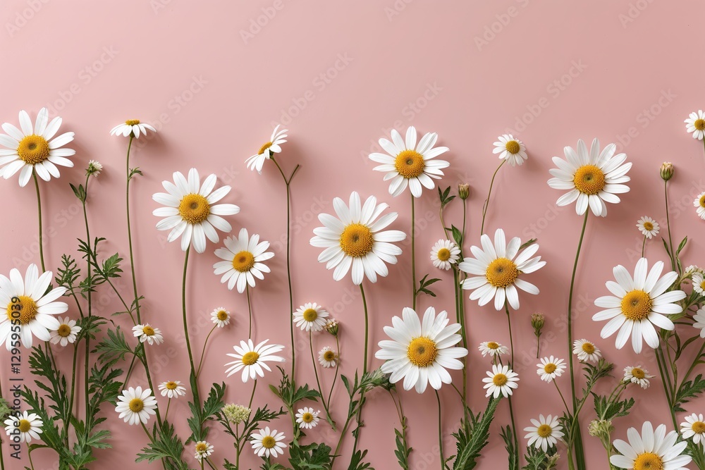 Obraz premium Minimalist Floral Design Featuring White Daisy Chamomile Blossoms on Soft Pink Background for Spring Decor and Creative Lifestyle