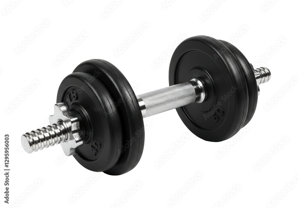 Isolated Black Dumbbell with Adjustable Weights on a Silver Bar Isolated Black Dumbbell with Adjustable Weights on a Silver Bar