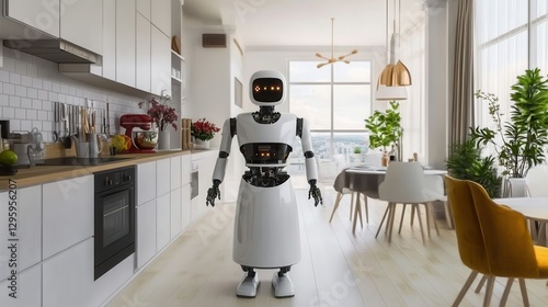 Domestic robot maid serving in a modern apartment photo