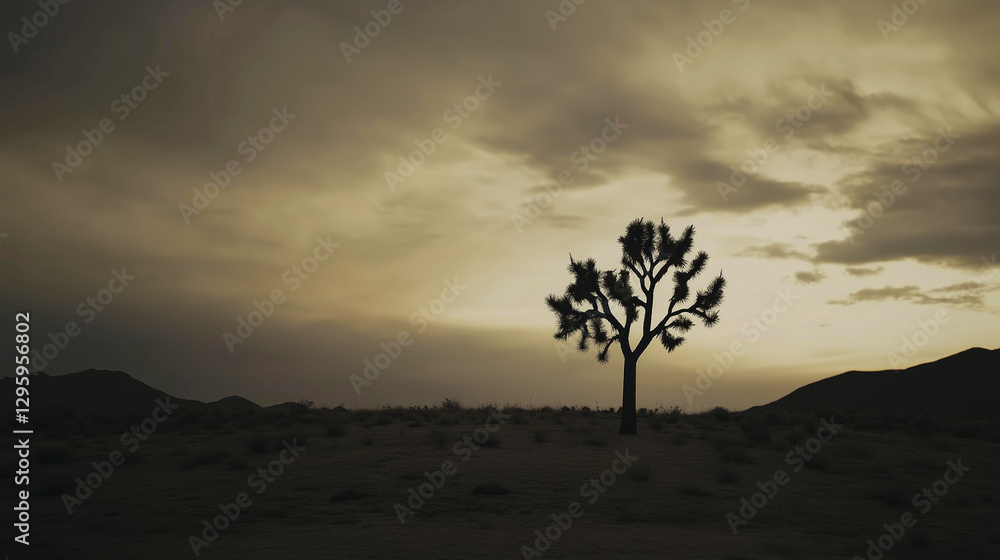 Solitary Joshua tree in desolate arid landscape under dark cloudy sky. Mountains on the horizon.