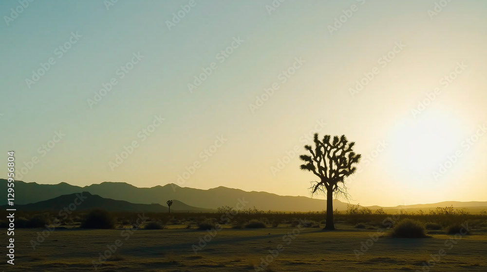 Obraz premium Solitary Joshua tree in desolate arid landscape at sunset. Mountains on the horizon.