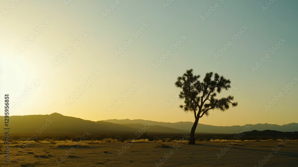 Solitary Joshua tree in desolate arid landscape at sunset. Mountains on the horizon.