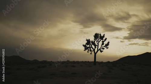 Solitary Joshua tree in desolate arid landscape under dark cloudy sky. Mountains on the horizon.