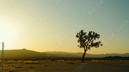 Obraz na płótnie Solitary Joshua tree in desolate arid landscape at sunset. Mountains on the horizon. w salonie
