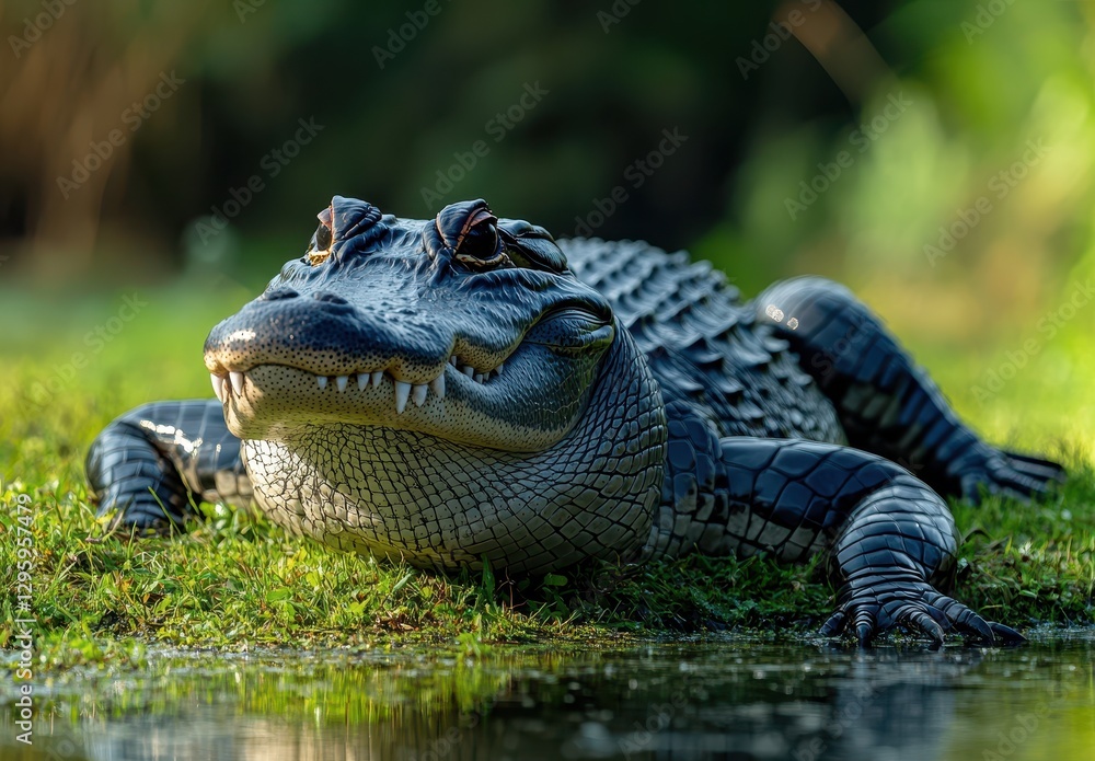 Fototapeta premium Close-Up Portrait of a Large Alligator Relaxing by the Water's Edge with a Lush Green Background and Reflections in the Calm Water
