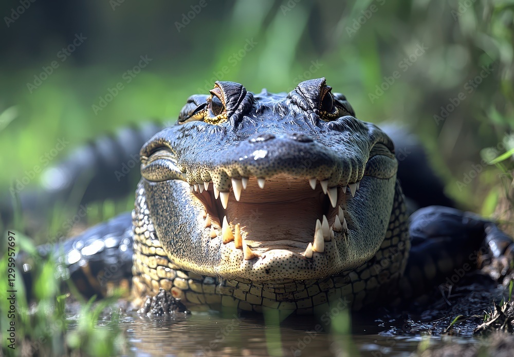 Fototapeta premium Close-Up Portrait of a Magnificent Alligator Displaying Sharp Teeth and Intense Eyes Surrounded by Lush Greenery in a Natural Habitat