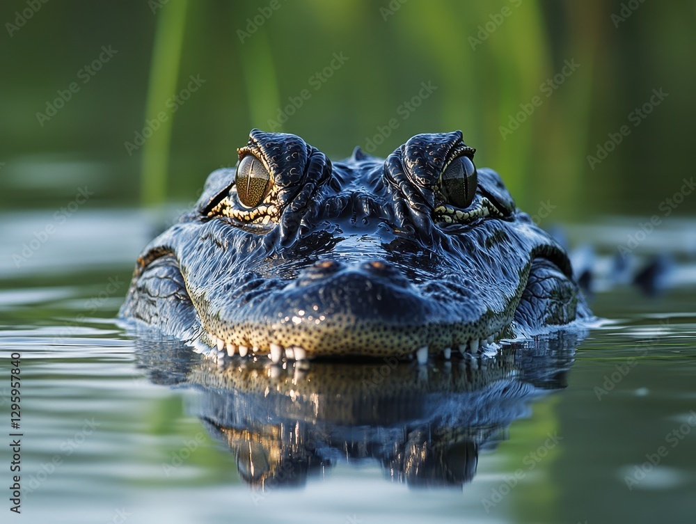 Fototapeta premium Close-Up Portrait of a Majestic Alligator Emerging from Calm Waters Surrounded by Lush Green Vegetation in a Natural Habitat
