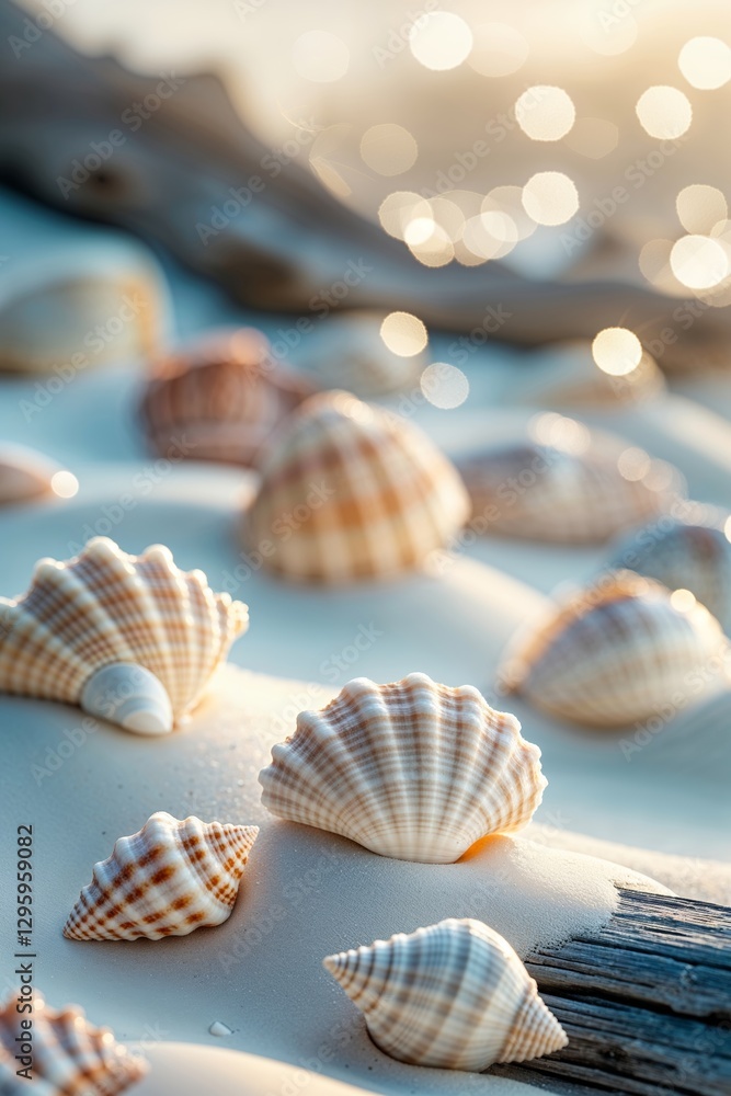 Shells scattered along a sandy beach at sunset shimmering with soft sunlight reflections Shells scattered along a sandy beach at sunset shimmering with soft sunlight reflections