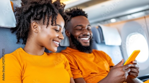 Happy couple enjoying travel together on airplane, using smartphone while sitting in comfortable seats with bright orange shirts