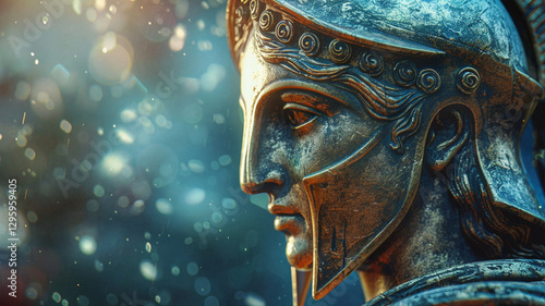 A close-up of an ancient Greek bronze helmet sculpture, featuring intricate details and a stoic expression, illuminated by soft light with a bokeh background effect