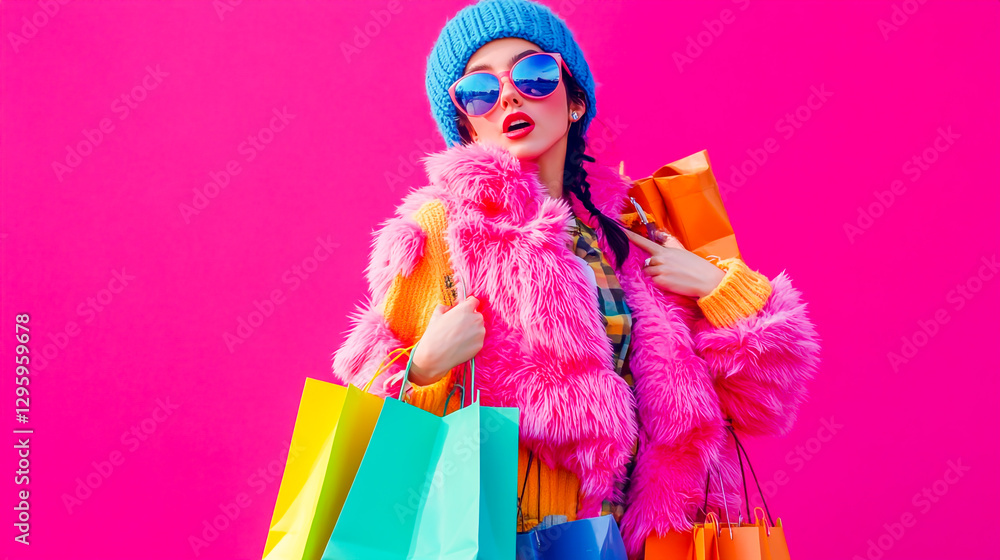 Fototapeta premium Photo of a stylish millennial woman carrying multiple shopping bags, looking amazed by incredible sales and discounts while on a shopping spree abroad. 