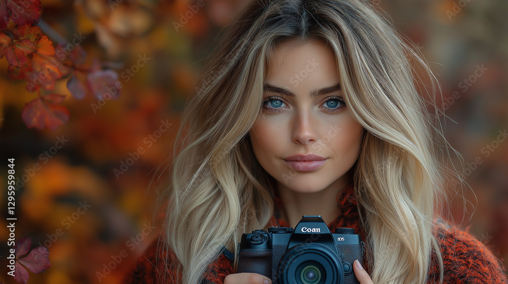Amidst golden leaves and rich autumn hues, a woman with striking blue eyes confidently holds her camera, ready to capture nature's splendor. She reflects the artistry of the season Amidst golden leaves and rich autumn hues, a woman with striking blue eyes confidently holds her camera, ready to capture nature's splendor. She reflects the artistry of the season