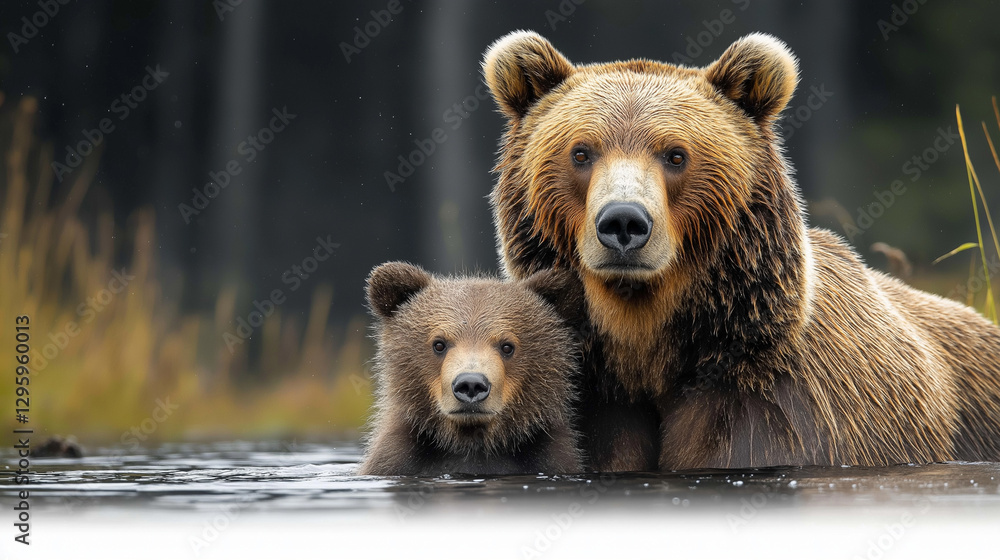 Obraz premium In a tranquil forest habitat, a mother bear watches over her curious cub as they swim together in calm waters, surrounded by the lush wilderness of nature. The atmosphere is peaceful and protective