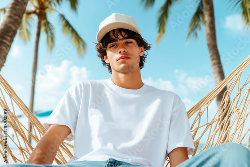 Handsome young male model in baseball cap wearing casual shirt and jeans, sitting in hammock on tropical beach. Men's white t-shirt mockup. Youth boy, regular fit tee template, summer outdoor	
