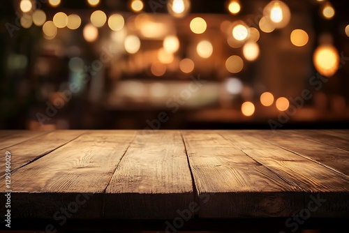 Empty wooden table in blurred restaurant background.