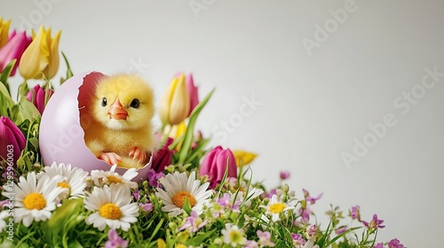 Cute chick hatching from an Easter egg, surrounded by spring flowers: A charming close-up of a fluffy yellow chick emerging from a pastel-colored egg, nestled among fresh daisies, tulips, and soft
