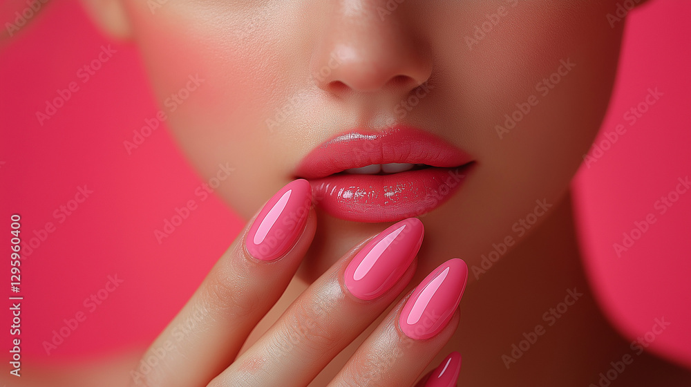 Fototapeta premium A woman showcases her glossy pink nails and perfectly contoured lips, with a striking pink background enhancing her flawless look. This moment captures beauty and elegance seamlessly