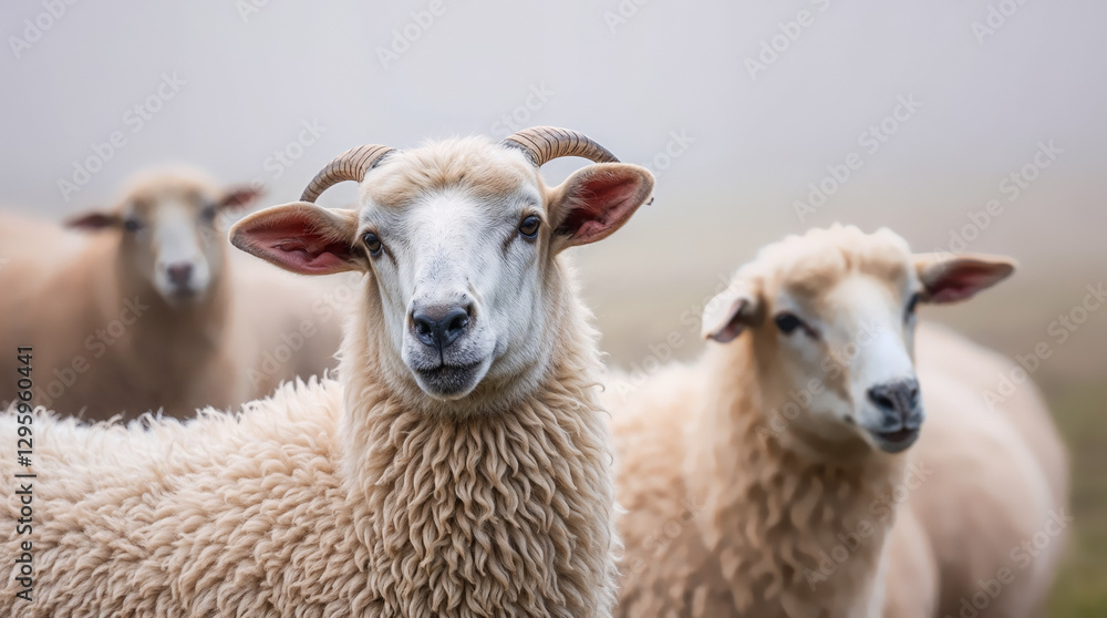 Obraz premium Flock of white Rambouillet sheep grazing in a farm field