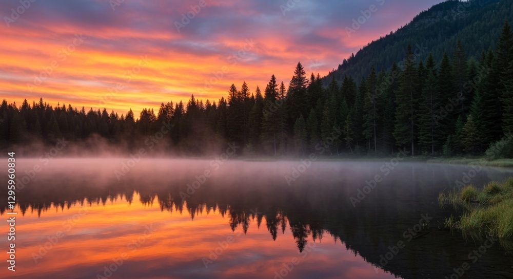 Fototapeta premium A serene mountain lake at sunrise, surrounded by pine trees, with mist rising off the water, vibrant orange and pink hues reflecting on the surface