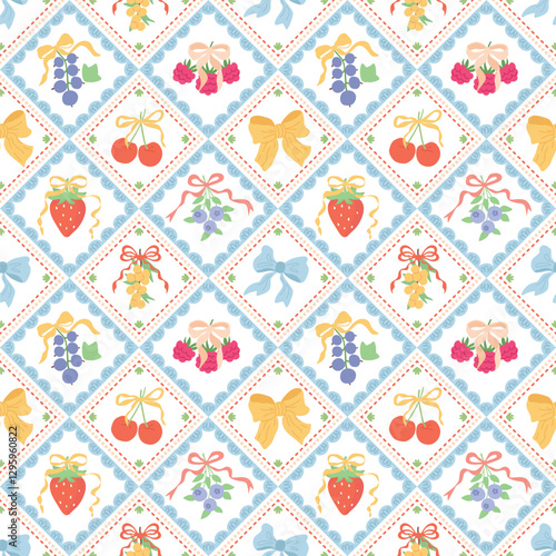 Summer coquette berry and fruits seamless pattern. Preppy wallpaper, hand drawn ribbons and bows patchwork print. Garden vector illustration, checkered romantic background, textile design, plaid.