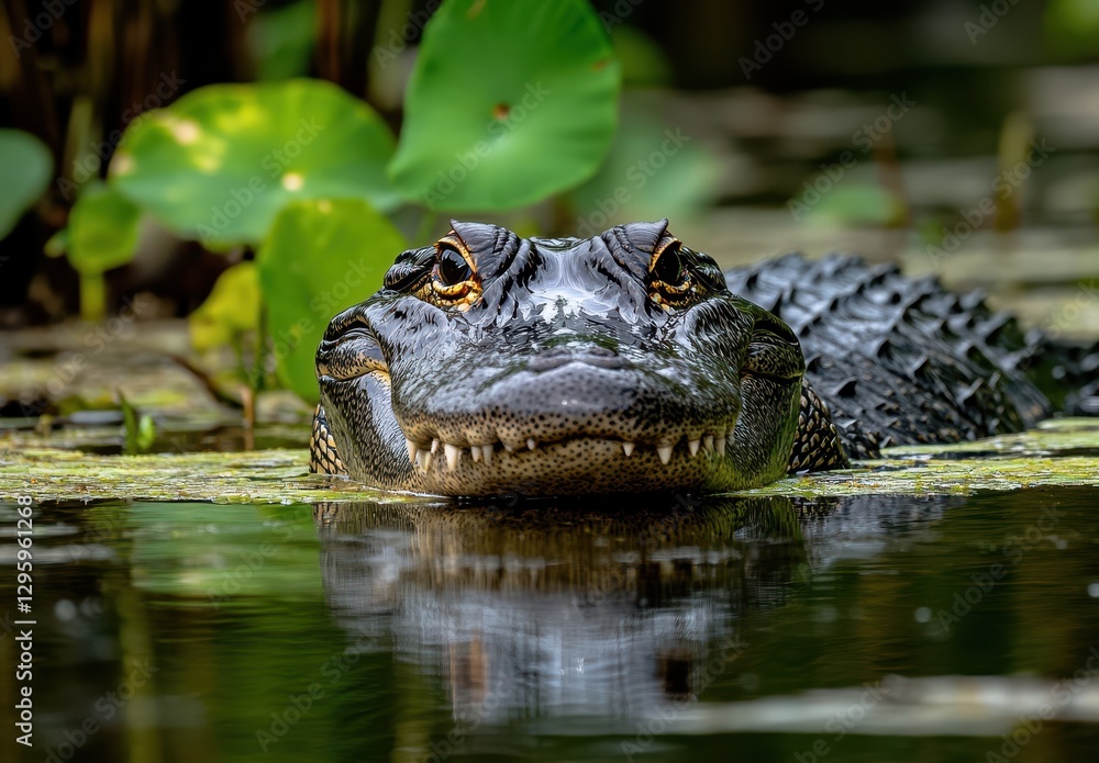 Fototapeta premium Close-up Portrait of an Alligator Emerging from the Water Surrounded by Green Water Plants in a Calm Natural Habitat