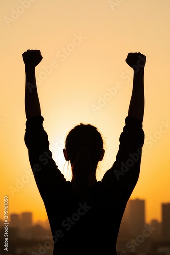 Silhouette of person celebrating victory against vibrant sunset