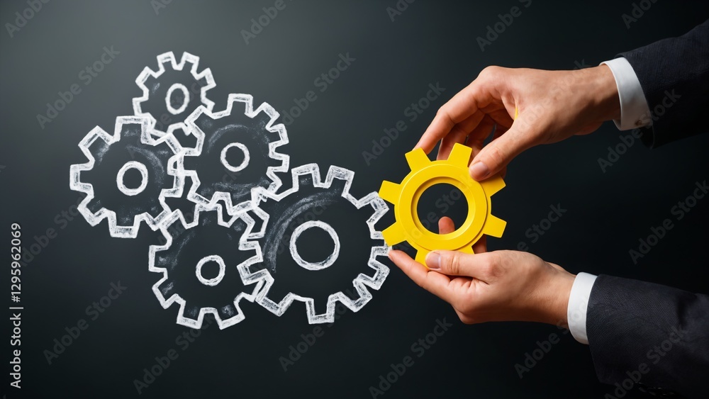 Business process management and solution. Businessman arranges connecting gears on chalkboard. Business process management and solution. Businessman arranges connecting gears on chalkboard.