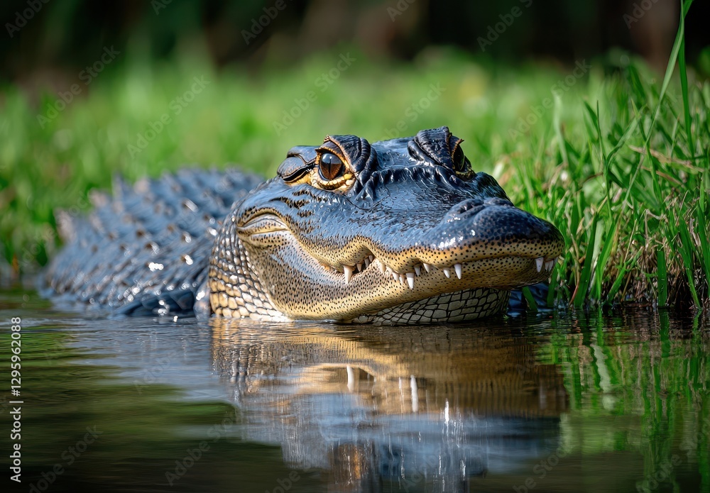 Close-Up Portrait of an Alligator Lying in Water with Reflection and Green Grass in Natural Habitat During Daylight Close-Up Portrait of an Alligator Lying in Water with Reflection and Green Grass in Natural Habitat During Daylight