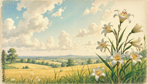 Watercolor landscape with white lilies and rolling hills