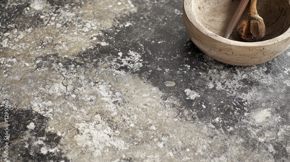 Textured Stone Surface with Bowl and Utensil Textured Stone Surface with Bowl and Utensil