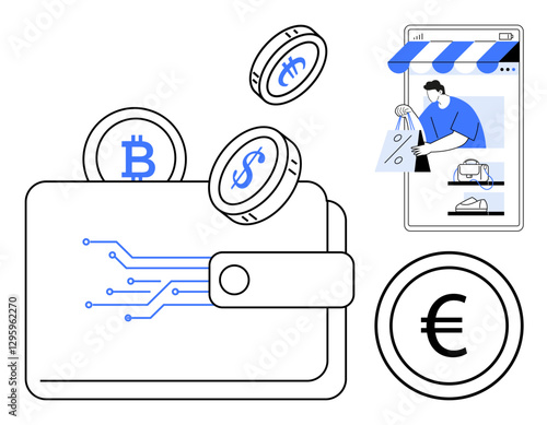 Large wallet with digital circuitry and coins marked with Bitcoin, Dollar, and Euro signs. Virtual store on smartphone with person shopping. Ideal for finance, e-commerce, cryptocurrencies, digital