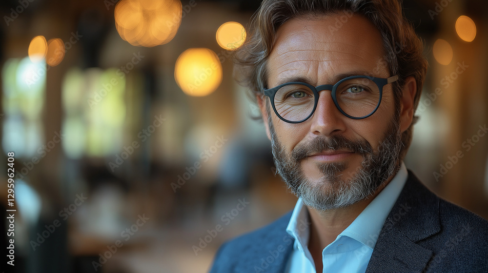 A distinguished businessman with glasses and a well-groomed beard engages in conversation, surrounded by a warm and inviting atmosphere at a sophisticated gathering in the city A distinguished businessman with glasses and a well-groomed beard engages in conversation, surrounded by a warm and inviting atmosphere at a sophisticated gathering in the city