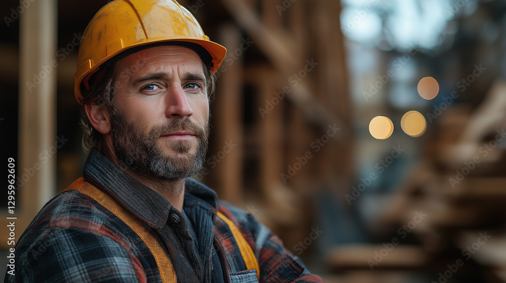 Under the soft light of dusk, a dedicated craftsman with a helmet looks thoughtfully at his surroundings, embodying hard work and commitment in a bustling construction area Under the soft light of dusk, a dedicated craftsman with a helmet looks thoughtfully at his surroundings, embodying hard work and commitment in a bustling construction area