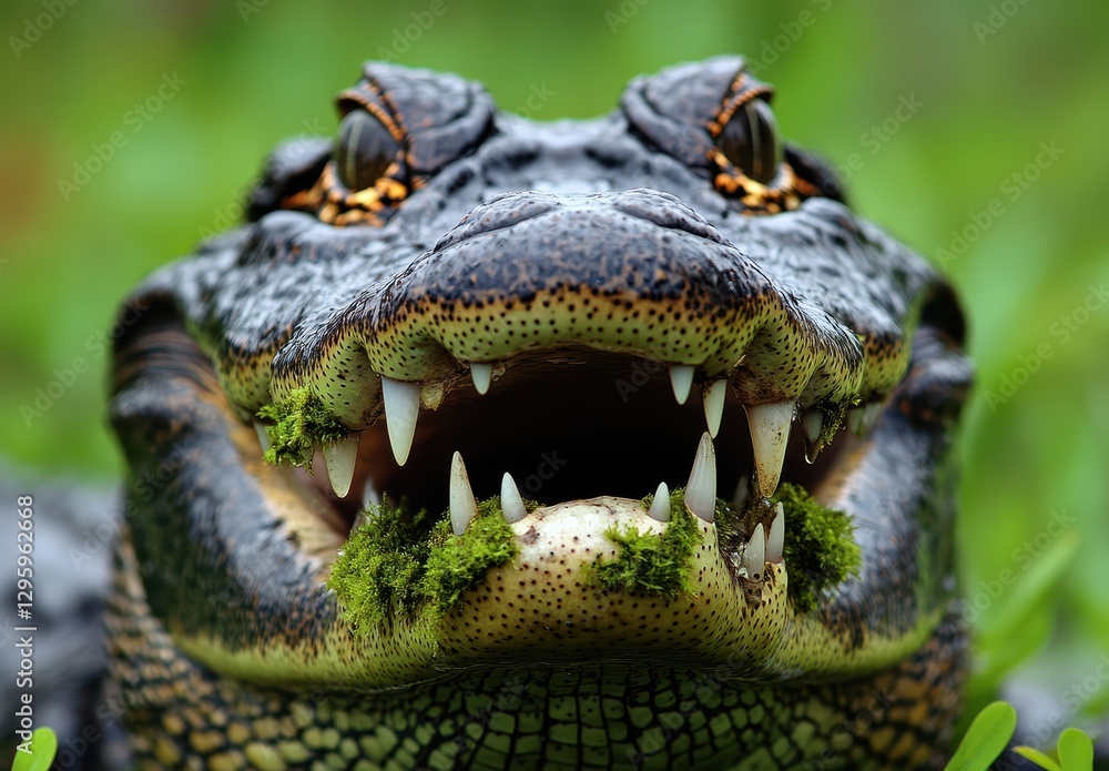 Obraz premium Close-Up Portrait of an Alligator with Unique Teeth and Textured Skin Surrounded by Greenery in a Natural Habitat Setting
